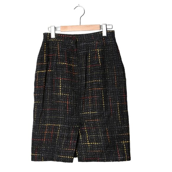 Vintage TC Petites Wool Blend Tweed Skirt Plaid Stripes Retro 90s Black Yellow - Picture 6 of 12